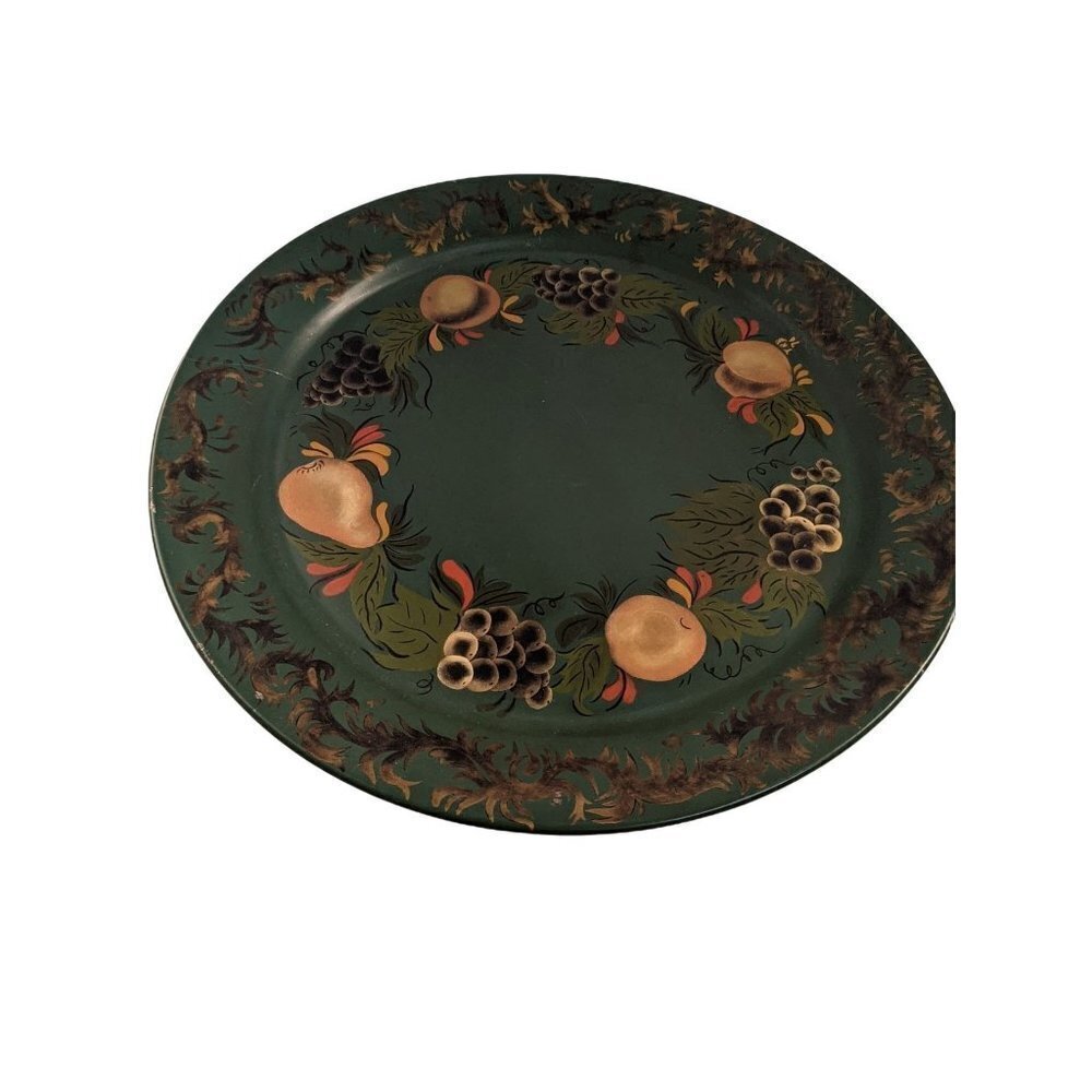 Large   handprinted tray  green floral Toll  metal round‎ 18 3/4in pears grapes